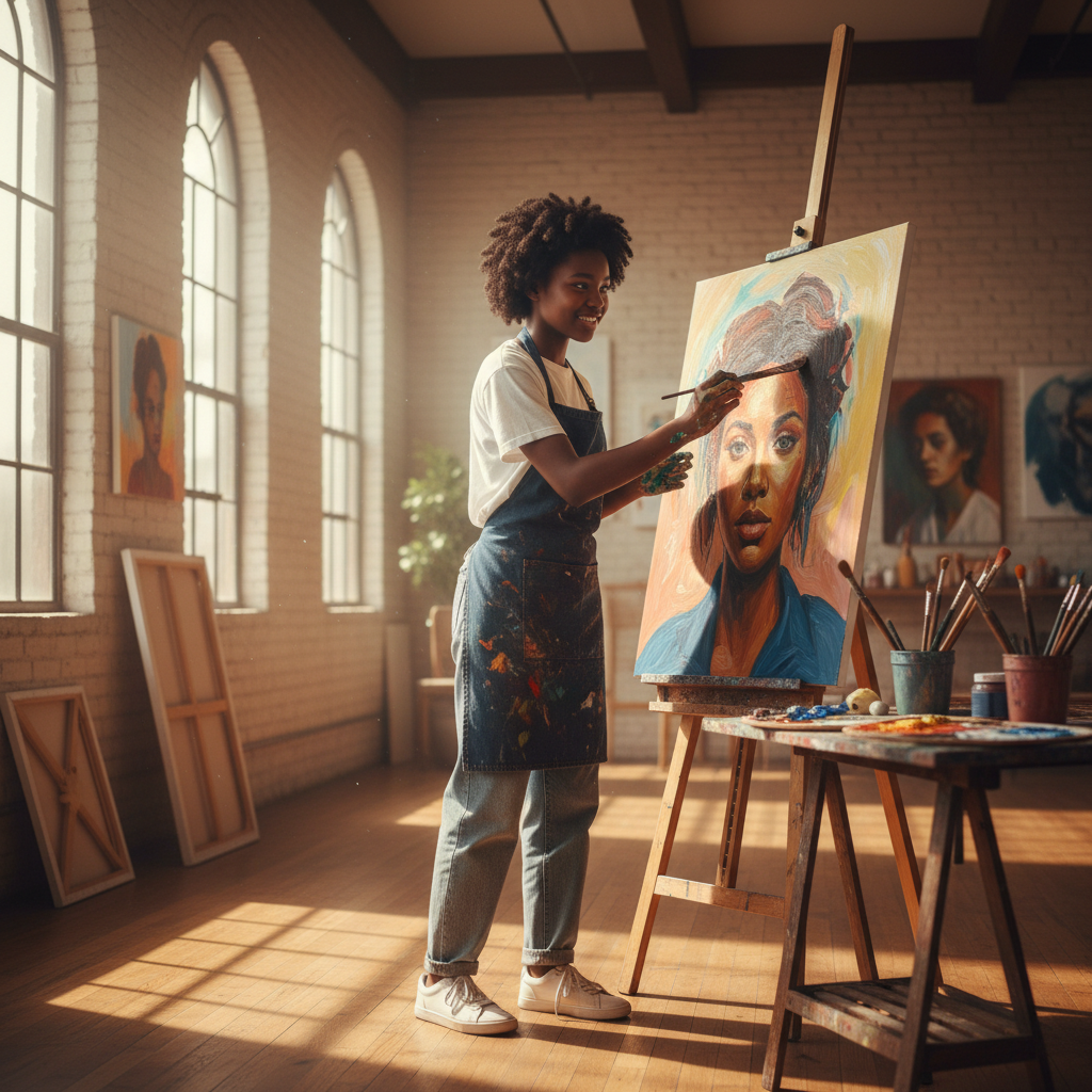 Black teenage girl painting on a large canvas in a sunlit art studio