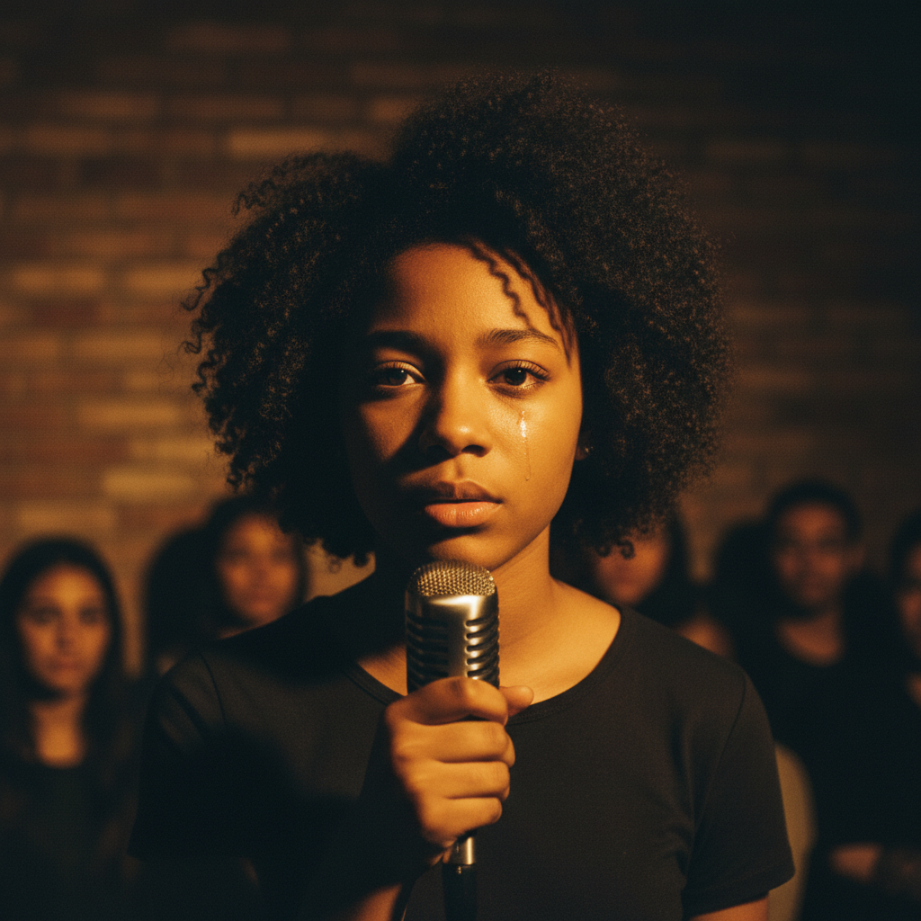 Black teenage girls performing spoken word poetry on stage