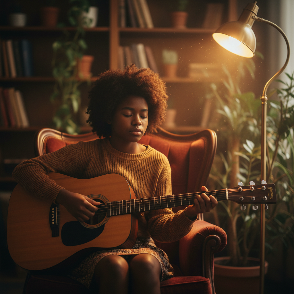 Black teenage girl playing acoustic guitar outdoors in a garden
