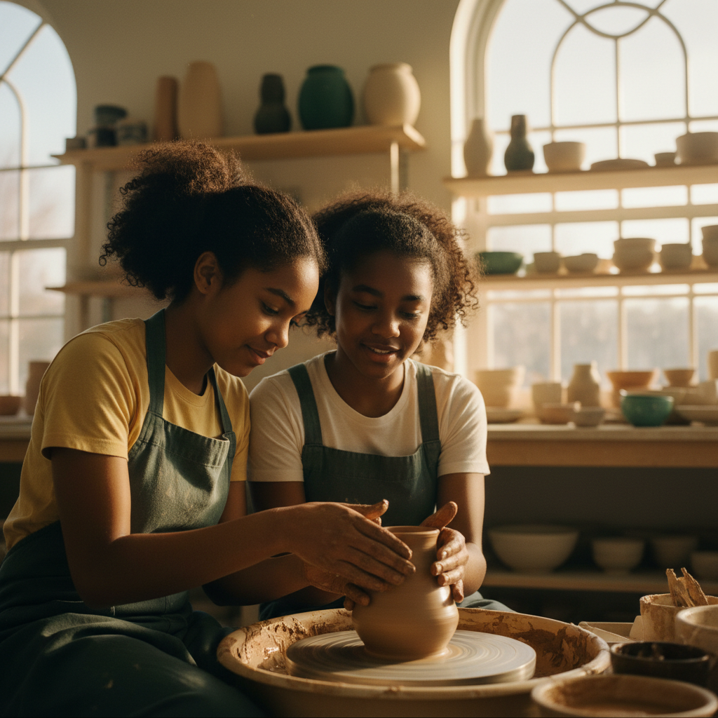 Two Black teenage girls laughing together at a pottery wheel