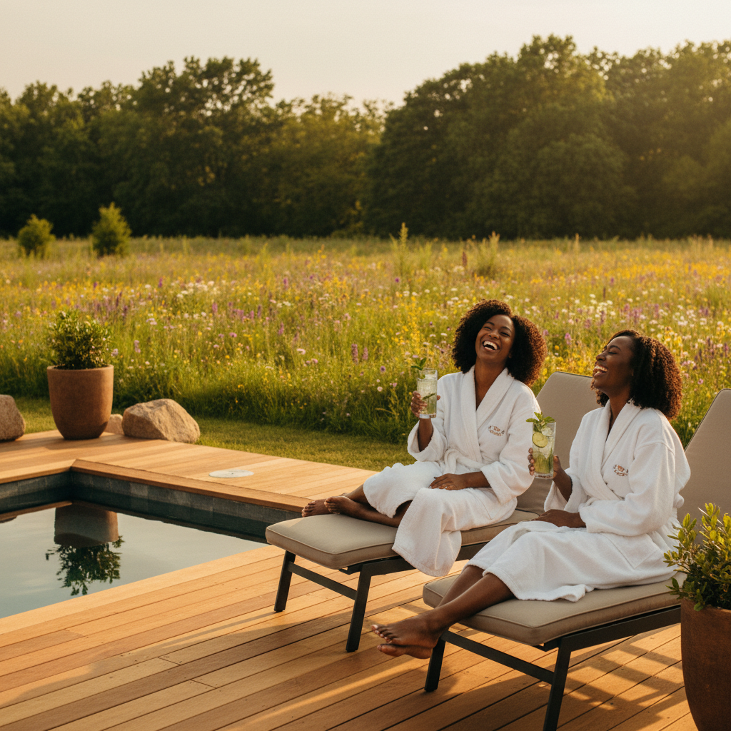 Black women laughing and relaxing together at an outdoor countryside spa