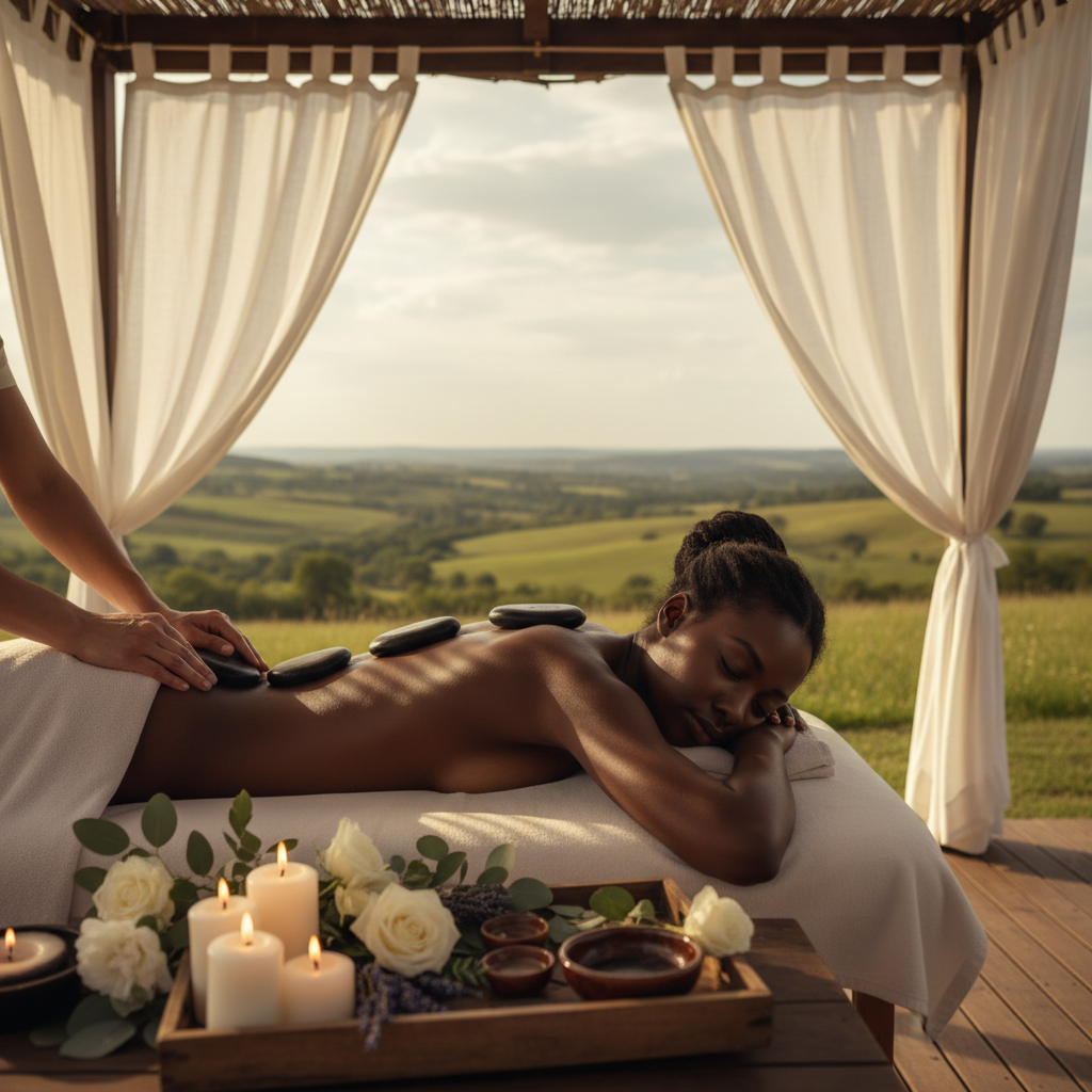 Black woman receiving a luxury hot stone massage at an open-air countryside spa pavilion